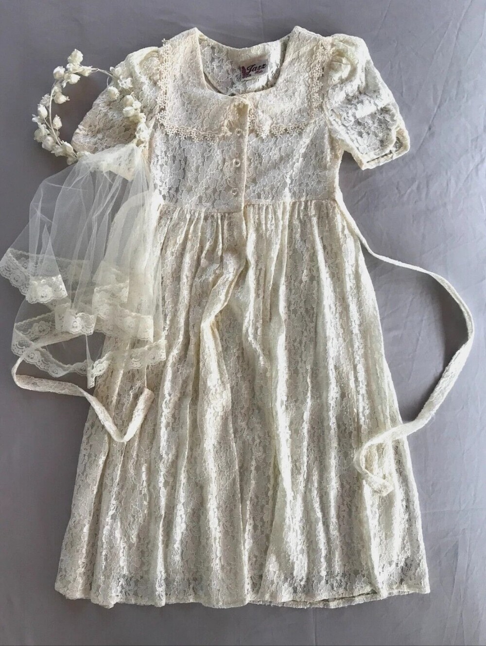 VTG Jazz Kids Ivory Lace Girls Dress w/ Veil & Flower Crown